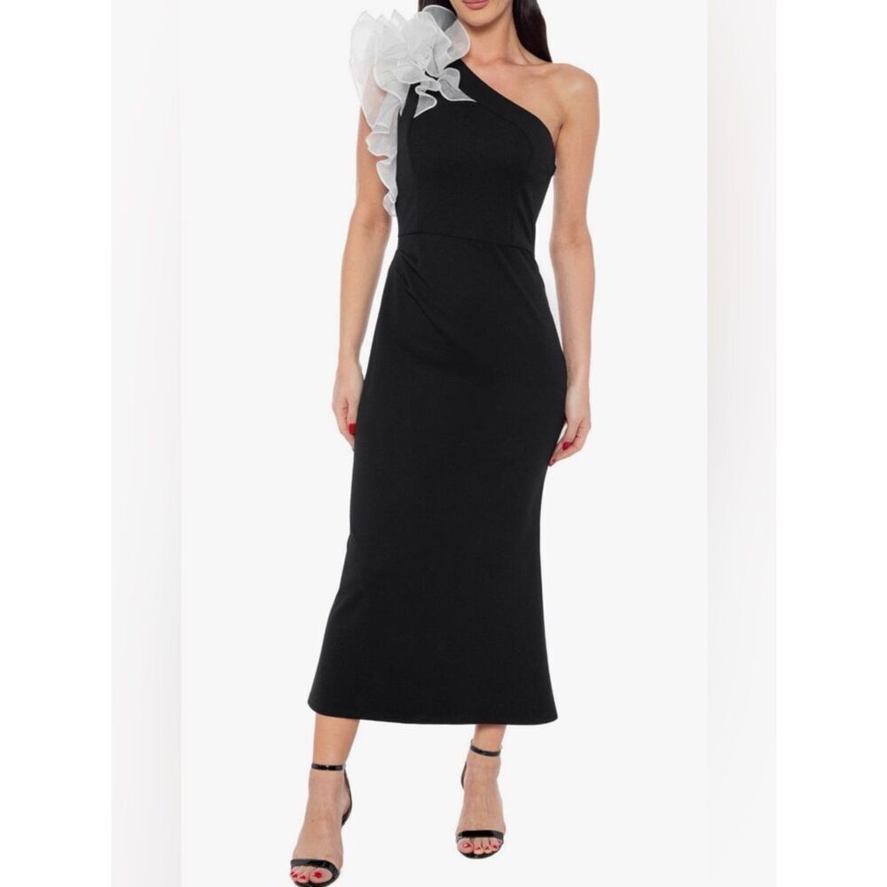 MARINA White Ruffle One Shoulder Cocktail Dress Black Midi Plus Size 2X